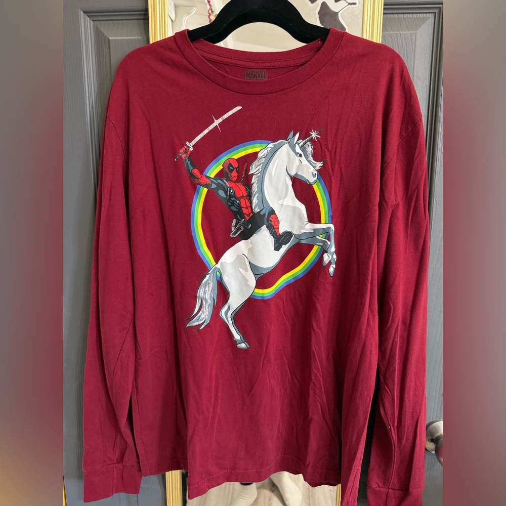 Red DeadPool Graphic Tee with Unicorn and Rainbow